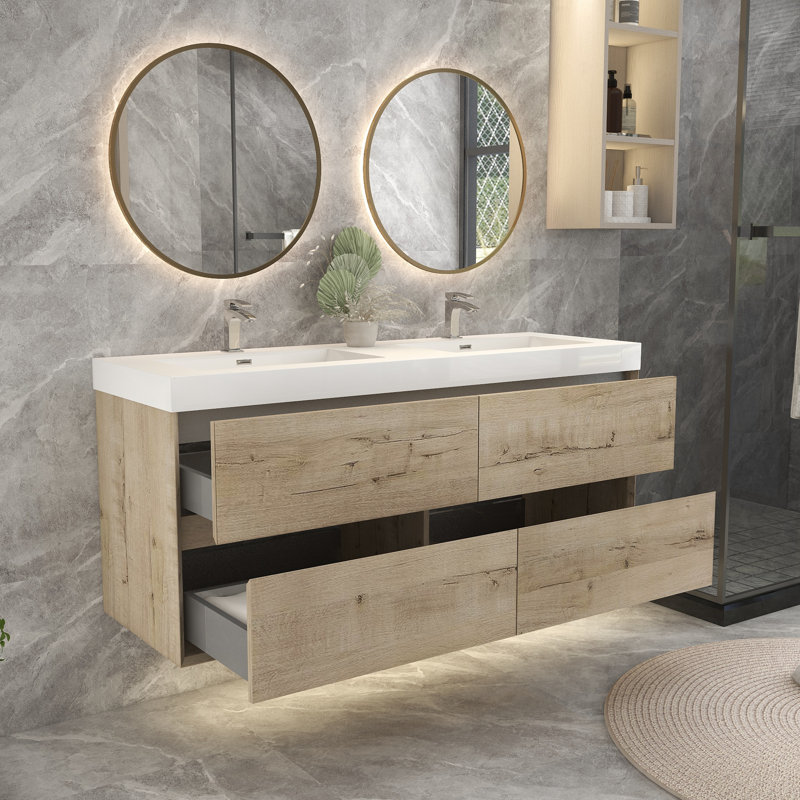 58.6'' Double Bathroom Vanity with Plastic Top, White Oak