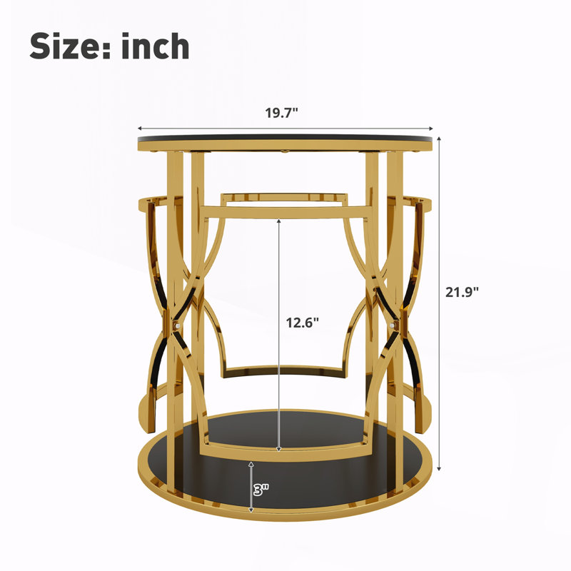 Table d'appoint ronde avec plateau en verre trempé et tablette de rangement