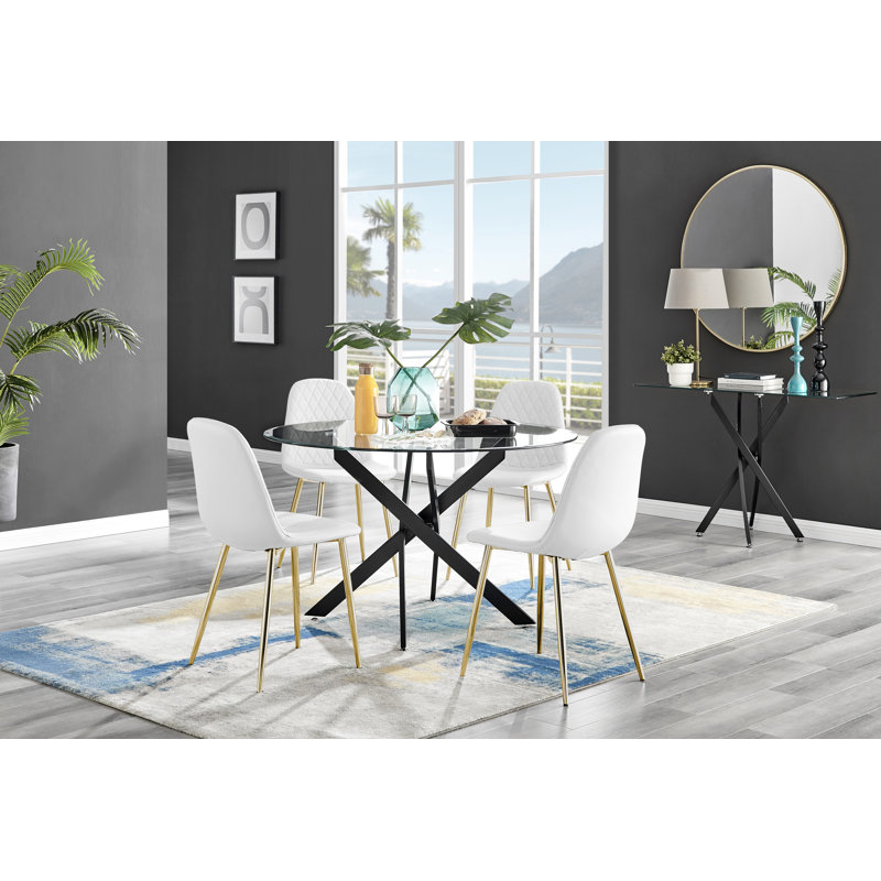 Modern Design Metal Round Glass Contemporary Dining Table & 4 Luxury Faux Leather Dining Chairs, White/Gold