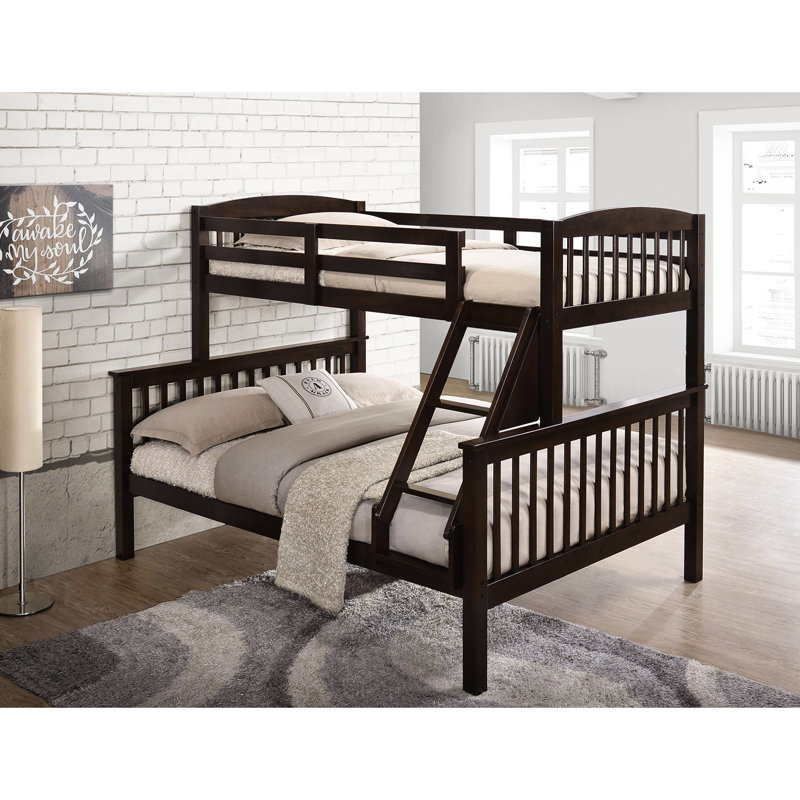 Lit double simple en bois massif avec style transitionnel, finition cerisier, conception à lattes et angle d'accès frontal, 68 po de hauteur, pour lit superposé couleur bois, 60 po de largeur, 81 po de profondeur
