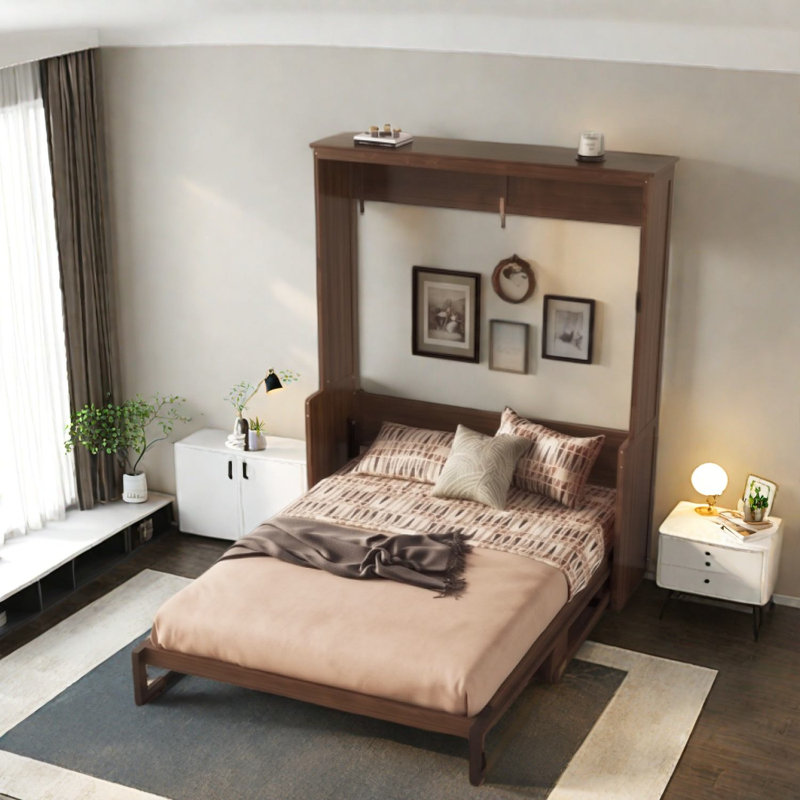 Grand lit peu encombrant, lit escamotable moderne en bois de noyer et panneau de fibres à densité moyenne pour la maison