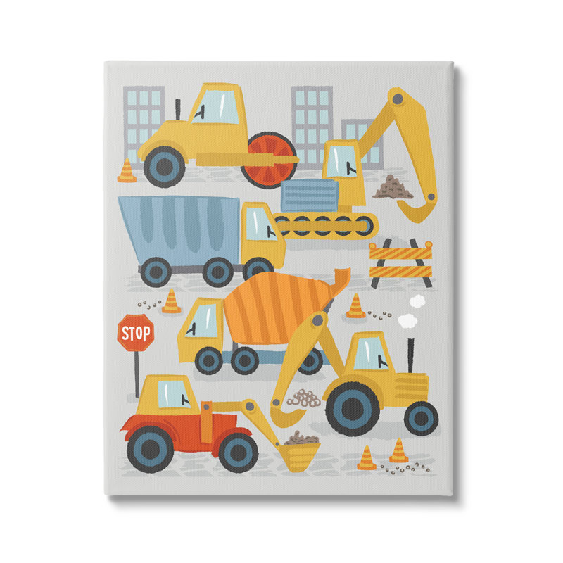 «Construction Engins Bulldozing Buildings», cônes de circulation, art mural surdimensionné par Lisa Perry, L 36 po x H 48 po