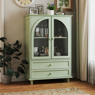Farmhouse Storage Cabinet with Arched Glass Doors, 2 Drawers, and Tiered Top