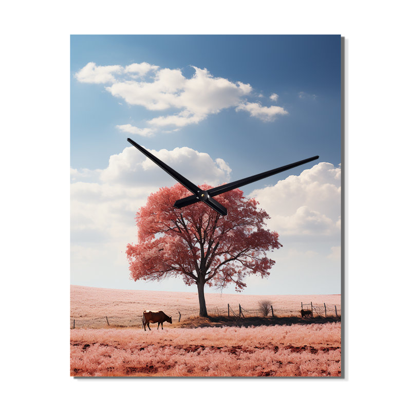 Horloge murale surdimensionnée Pink Tree Tranquil Fields - Paysages, Grand