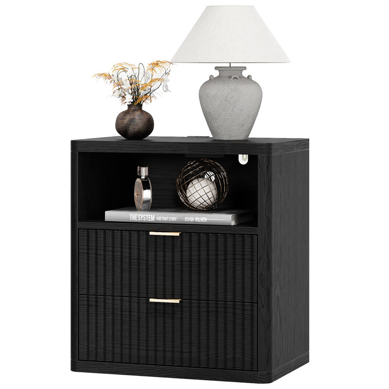 Valerica 2-Drawer Fluted Nightsatnd with Charging Station, Black