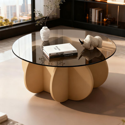 31.5" Round Tempered Glass Coffee Table, Mid Century Modern Round Cocktail Table with Solid Wood Flower Shaped Base, 170LBS Weight Capacity Decorative Center Table for Living Room, Small Apartment & Home Office