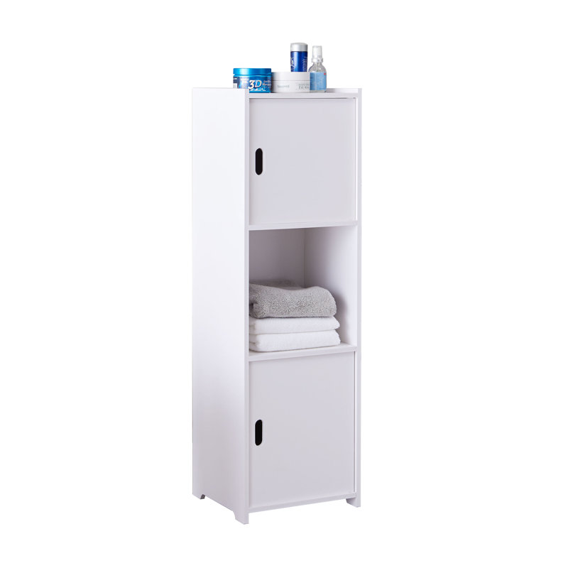 Armoire de rangement de plancher de salle de bain avec tablette ouverte simple et compartiment fermé à double porte pour contenir les serviettes, le papier hygiénique et les produits de nettoyage dans les salles de bain d'invités compactes avec un des