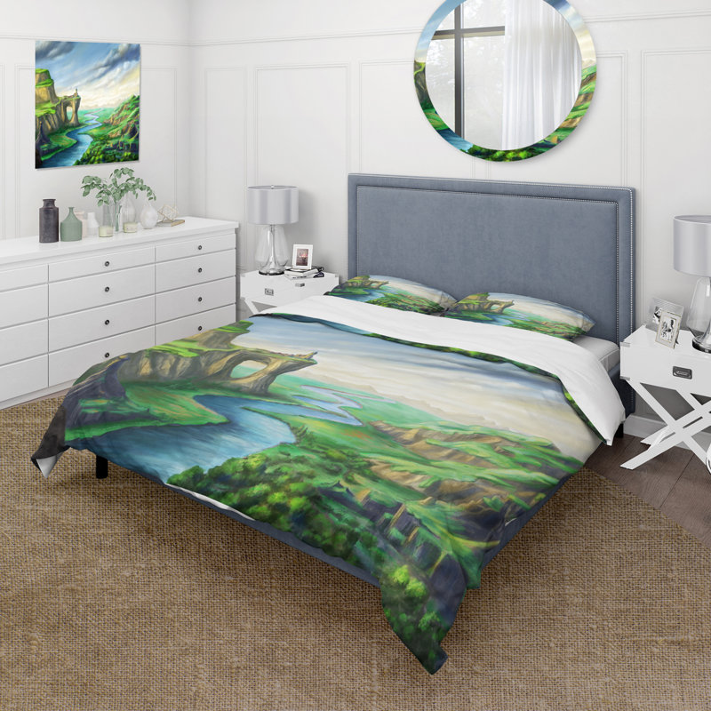 Ensemble de housse de couette Blue Fantasy Landscape, Housse de couette pour grand lit et 2 taies décor