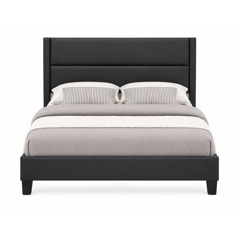 Lit plateforme tapissier avec tête de lit capitonnée horizontale, contemporaine, noir, grand, Noir, Grand