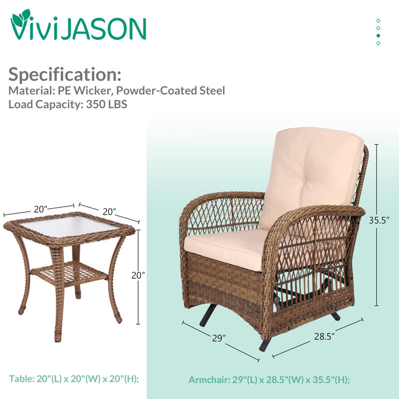 Ensemble bistro 3 pièces avec chaises berçantes de patio et chaises berçantes Ebern Designs avec 2 chaises rembourrées en rotin et table d'appoint à dessus en verre pour cour arrière, Beige