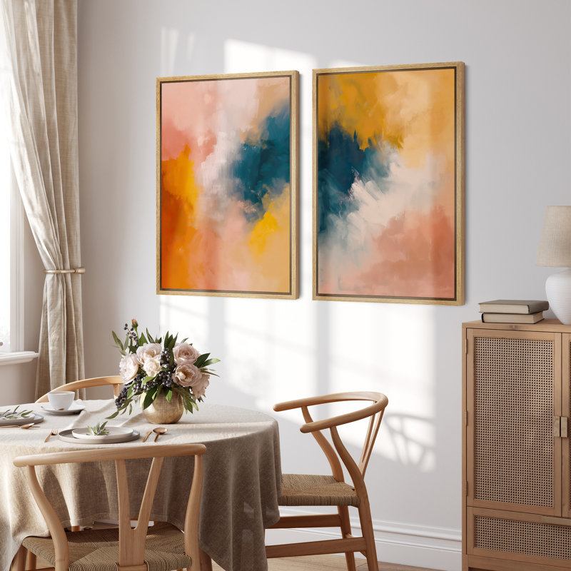 Orange, jaune, bleu marine, peinture abstraite moderne, coups de peinture encadrés, images de salon, Encadré naturel