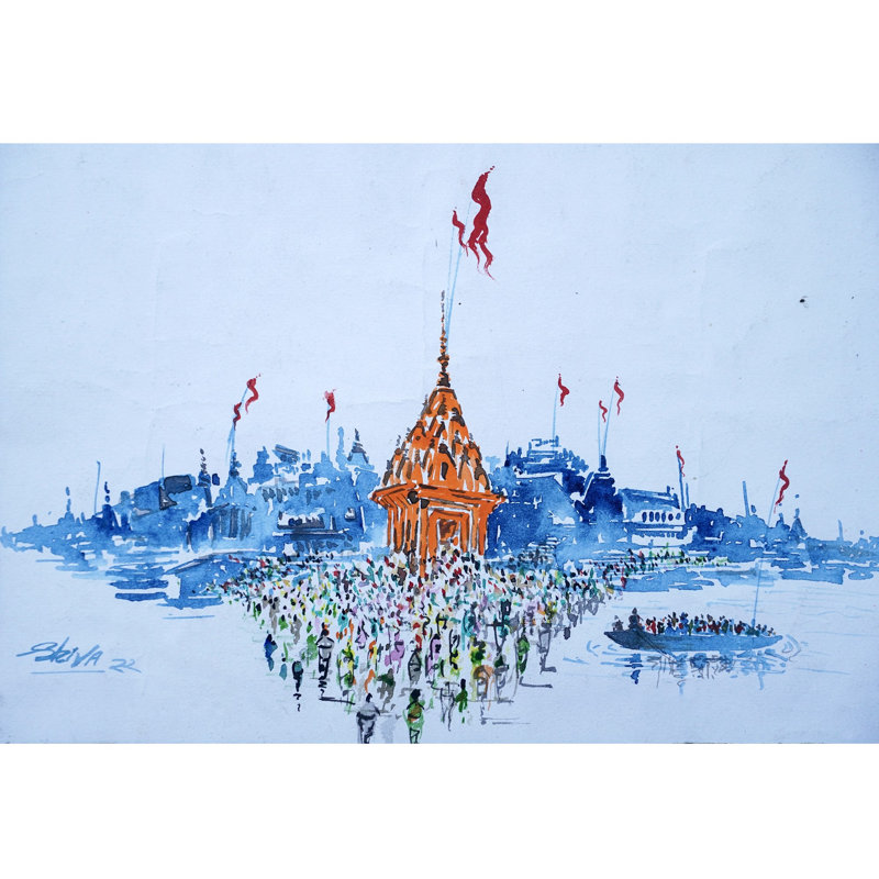 Le matin à Banaras Ghat | Aquarelle sur papier | Peinture de Shiva Pandey