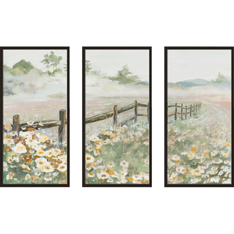 Clôture avec fleurs - peinture sur toile flottante 3 pièces, L 52,5 po x H 33,5 po