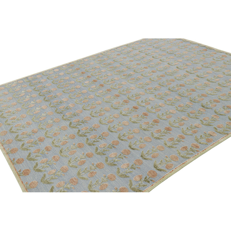 Rug & Kilim’S Block Print Rug Design With Brown And Green Floral Patterns, Rectangle 6' x 9'