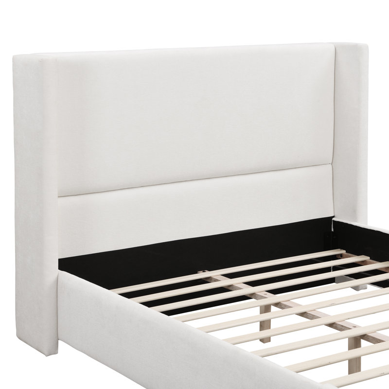 Elegant White Fabric Upholstered Bed with Tall Headboard, Queen