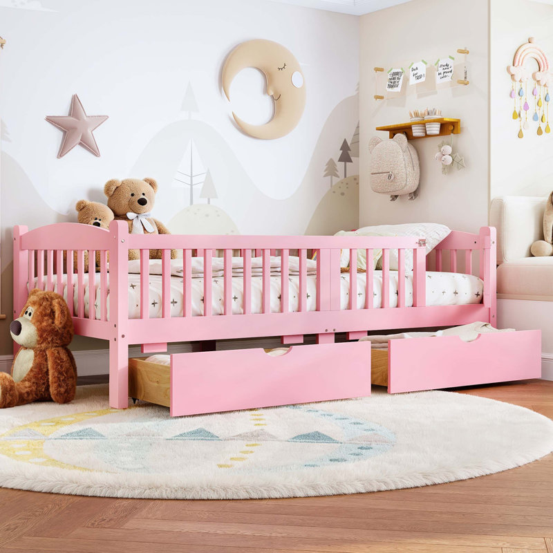 Lit plateforme sécuritaire pour enfants avec garde-corps complets et rangement sous le lit, Twin, Pink