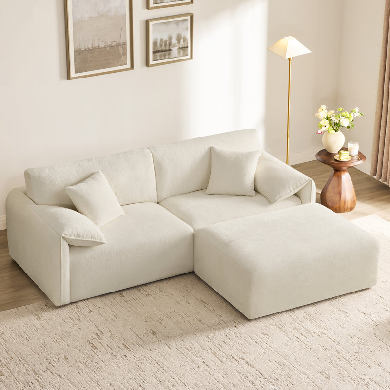 Canapé rembourré en chenille de 95 po avec repose-pieds Bodhild, Crème