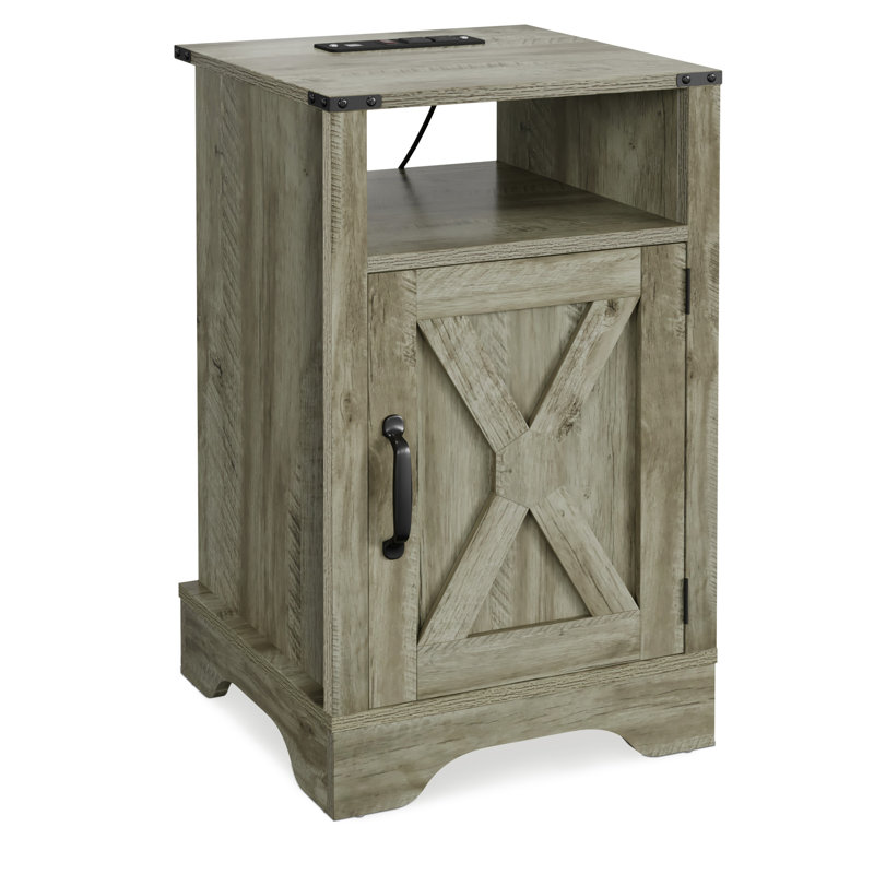 Farmhouse Nightstand With Charging Station, Rustic Gray