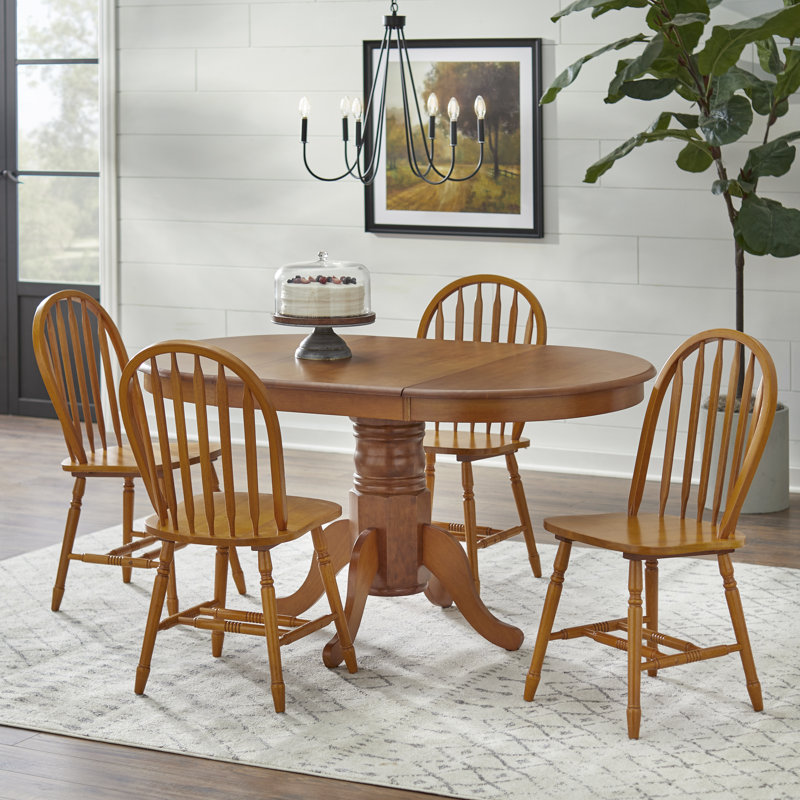 Kaneshiro Solid Wood Top Pedestal Dining Set, Oak, 5 Pieces: Table, 4 Chairs