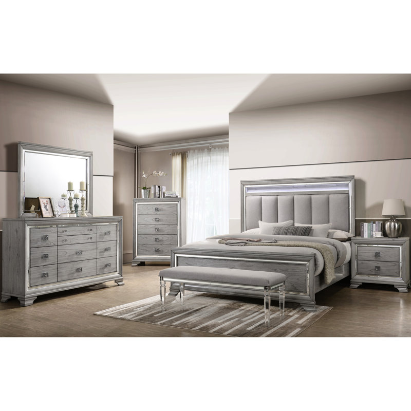 Table de chevet Contemporary Mirrored Accents 2 en gris - bois massif stable avec 2 tiroirs