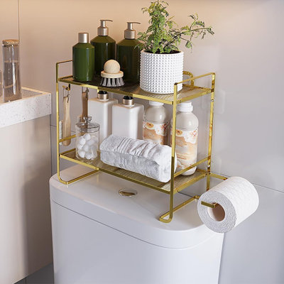 Organisateur de tablettes de salle de bain sur deux niveaux pour économiser de l'espace - Support de rangement en métal antirouille avec porte-papier hygiénique et crochets - Support sans perçage pour petites salles de bain, noir