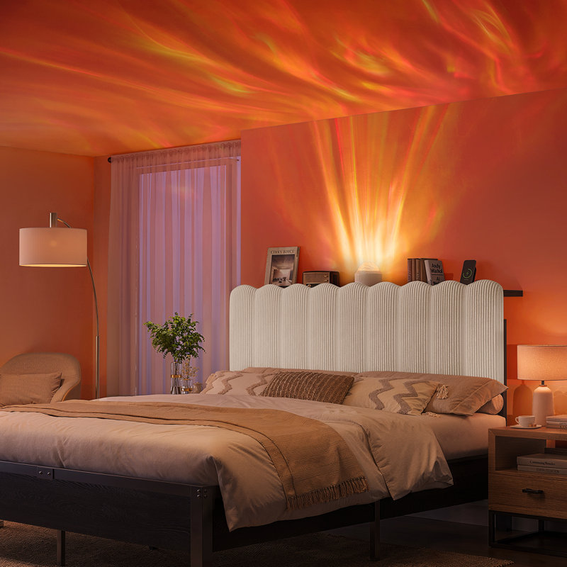 Full Striped Fleece Upholstered Headboard with Aurora LED Lights & Storage, Height Adjustable for 8-14 inch Mattress, White