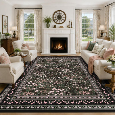 Floral Vintage Machine Washable Area Rug - Soft Non-Slip Low Pile Botanical Carpet