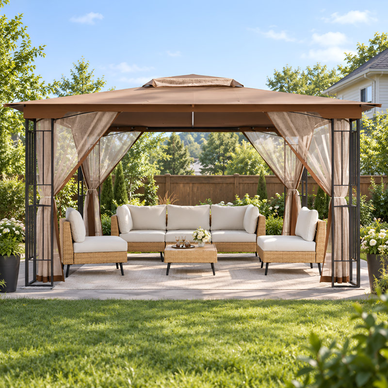 13'x11' Double-Roof Patio Gazebo with Mosquito Netting,Heavy Duty Gazebos Shelter Party Tent, Khaki