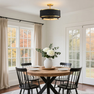 15" modern drum chandelier, black fabric shade with gold trim ceiling light for dining room bedroom living room