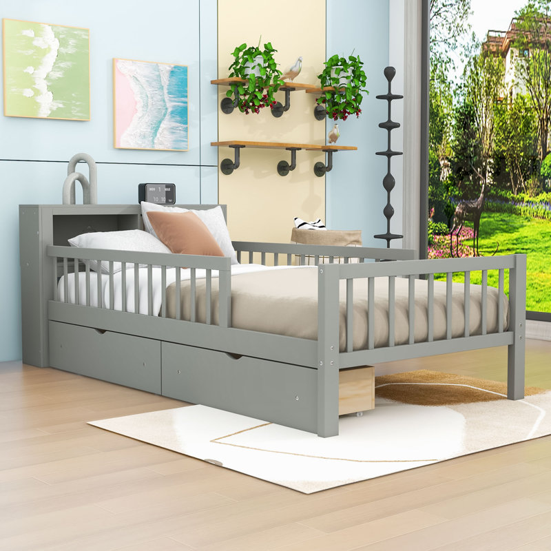 Lit plateforme simple en bois avec tiroirs de rangement, tablettes et tête de lit, gris