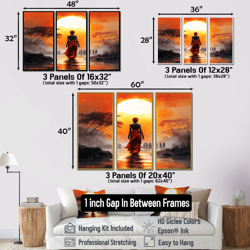 Orange Orange Journey III - ensemble d'art mural paysage africain, H 28 po x l 36 po x P 1 po, Toile avec cadre flottant noir
