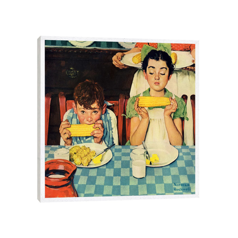 Who's Having More Fun Kids Eating Corn by Norman Rockwell - Painting on Canvas, 66.04 cm H x 66.04 cm W, White Framed