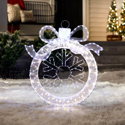 3Ft Lighted Silver & White Ornament with Snowflake Wreath, LED Christmas Holiday Decoration