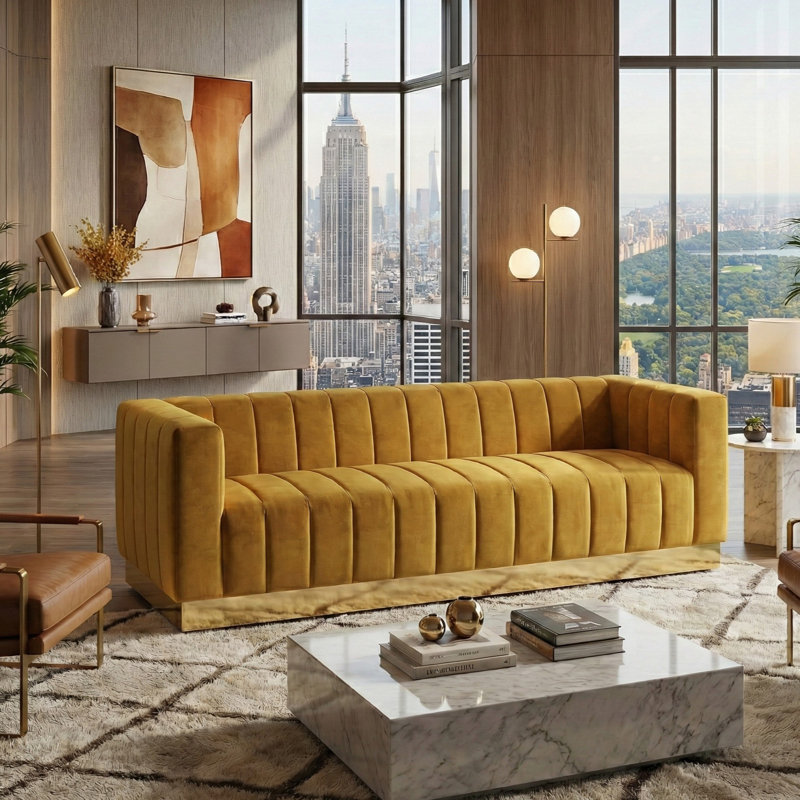 Canapé en velours de luxe Foxy avec bordure en laiton, l 87 po, entièrement assemblé, Jaune moutarde