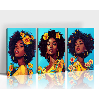 GUTTATY, ensemble de 3 reproductions d'art murales afro-américaines, femmes noires vibrantes, décorations florales jaunes, décoration murale moderne sur toile bleue et dorée, ensemble de 3 décorations d'art pour chambre à coucher, 20 po x 30 po x 3 pièces