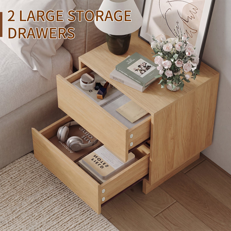 Catarina Modern Side Table With 2 Drawers, End Table With Round Legs For Living Room, Bedroom, Oak
