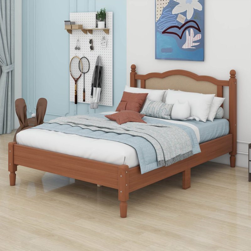 Lit plateforme en bois avec tête de lit en rotin naturel, cadre de lit rétro avec support en lattes de bois, aucun sommier nécessaire