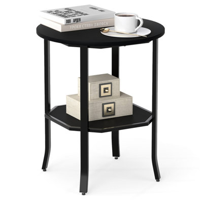 Round 2-Tier Side Table with Storage Shelf & Carbon Steel Frame for Small Space, Black