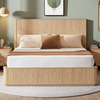Base de lit plateforme grand grain de bois avec tête de lit cannelée de 44 pouces, design minimaliste moderne, pied de lit courbé, support de lattes renforcé, aucun sommier requis, capacité de 1000 lb