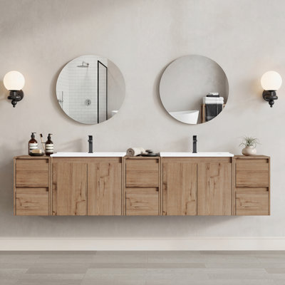 Floating Double Bathroom Vanity with Ceramic Sink and Handle-Free Design