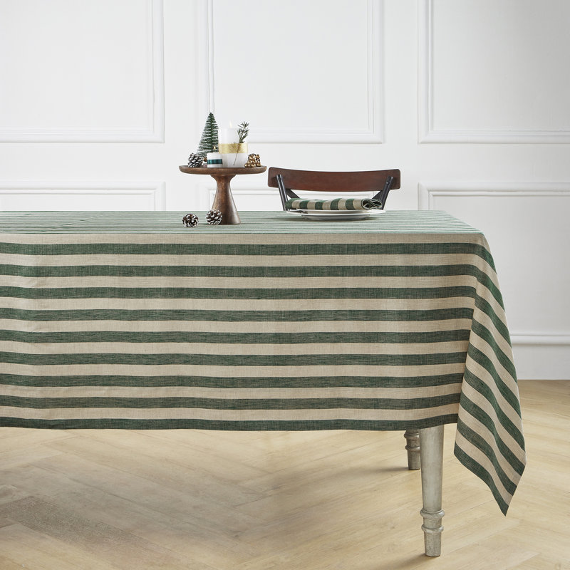 100% Pure Linen Tablecloth - Fete, 120" L x 60" W, Hunter Green/Natural