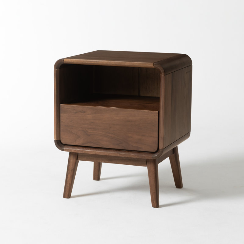 Table de chevet compacte en bois massif H 20,5 "avec tiroir et tablette ouverte MCM, Noyer américain, Individuel