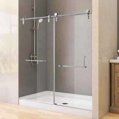 Porte de douche coulissante simple sans cadre de 56 po à l 76 po x H 76 po avec porte en verre trempé transparent et installation réversible