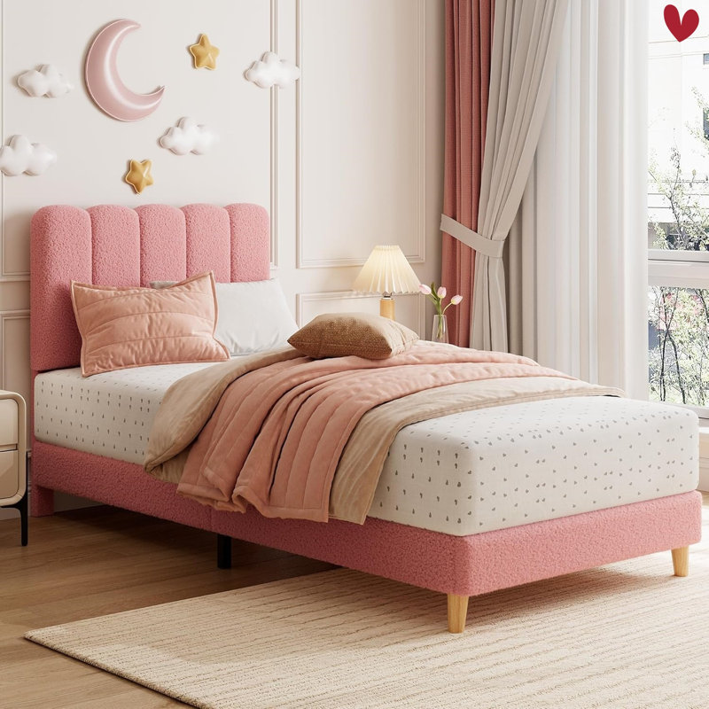 Twin Velvet Bed Frame with Headboard for Girls - Low-Profile Kids Platform Bed, Wave Headboard, Wooden Slats, White