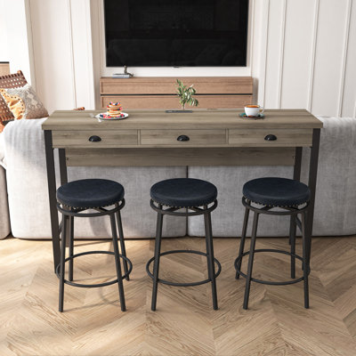Ensemble de table de salle à manger à 3 tiroirs avec prises électriques, ensemble de table de bar avec tabourets circulaires en polyuréthane, facile à assembler, table gris-brun et tabouret noir