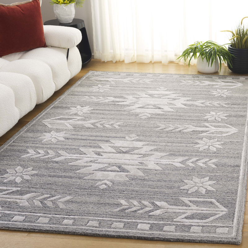 Tapis marocain gris / ivoire en laine / viscose / coton touffeté à la main Soho 659, Rectangle 5 pi x 8 pi