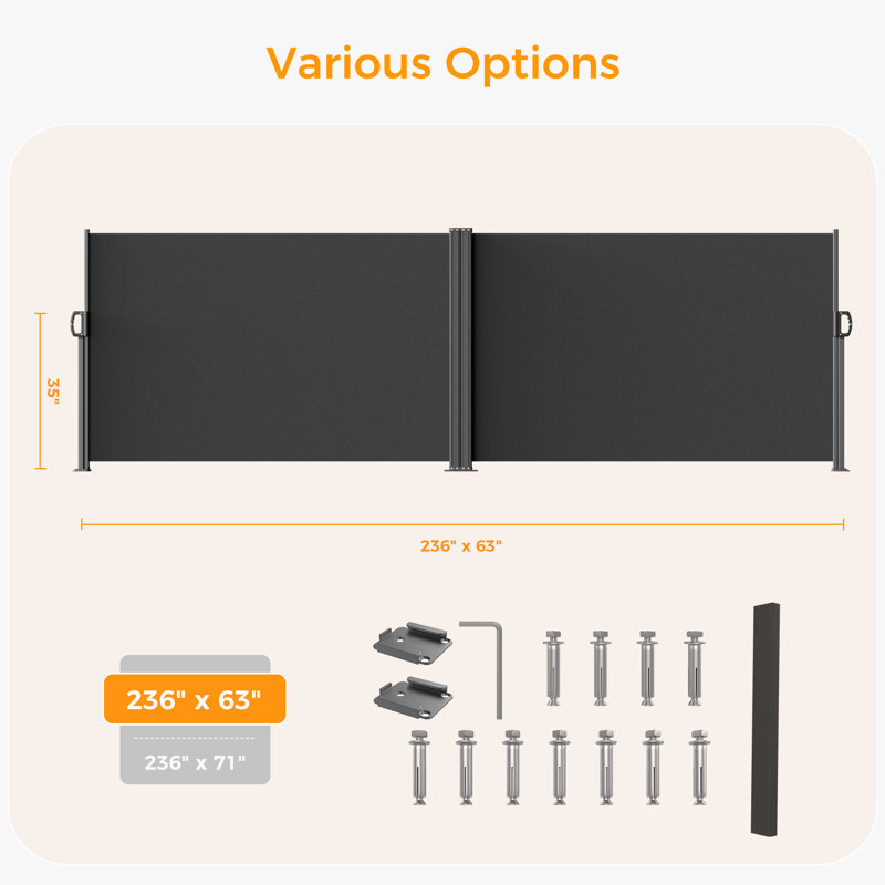 HOMEDEMO Retractable Side Awning 236" x 63" Carbon Gray, Double Side Awning with Privacy Screen Protection , Waterproof & UV-Resistant Outdoor Side Pull Shade, for Patios, Balconies, and Gardens