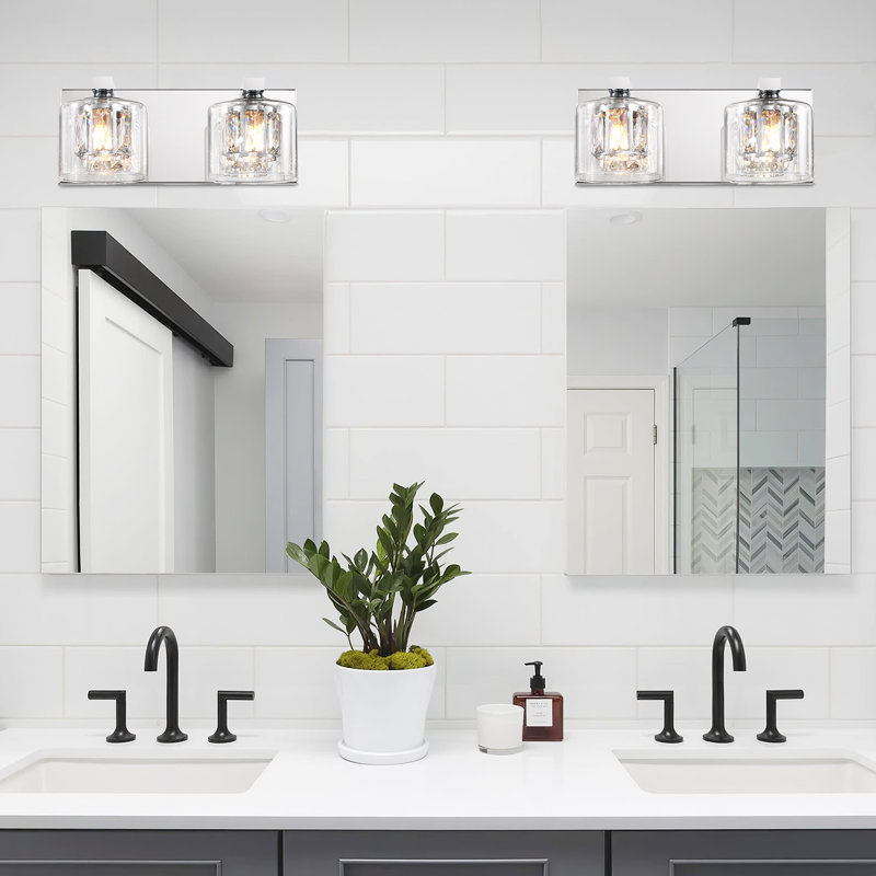 Delvon  2-Light Vanity Wall Sconce with Clear Glass and Crystal Accents – Stylish Lighting for Hallways and Bedrooms, Chrome