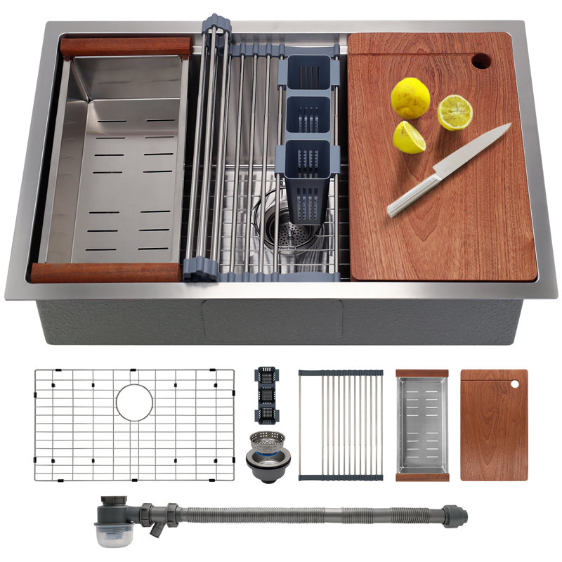 Évier de cuisine encastrable 27 po avec drain silencieux - acier inoxydable de calibre 11, simple cuve - ensemble de poste de travail moderne intégré intégré à la main multifonctionnel