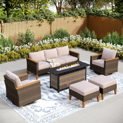 Argyri Outdoor Wicker Patio Conversation Furniture Set With Swivel Chairs And Firepit Table